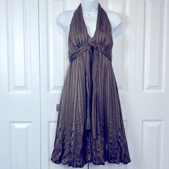 BCBG MAXAZRIA Silk Bronze/Brown Empire Waist Halter Dress Size 4 - Picture 1 of 15